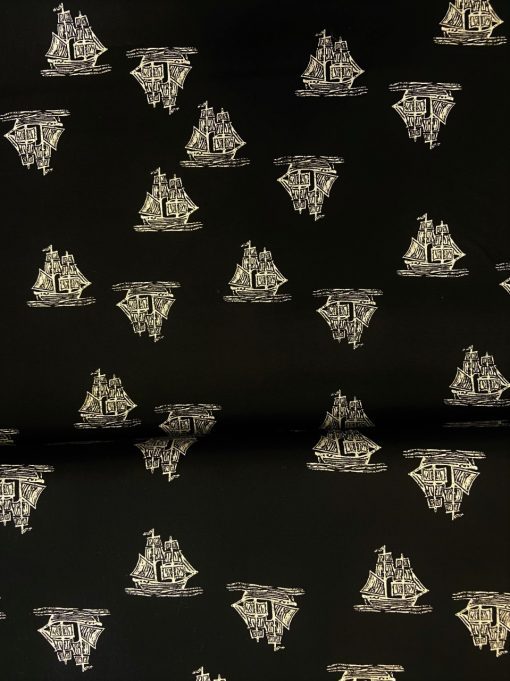 White Ships on Black Cotton Coastal Fabric