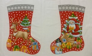 half of panel showing red pair of stocking sections
