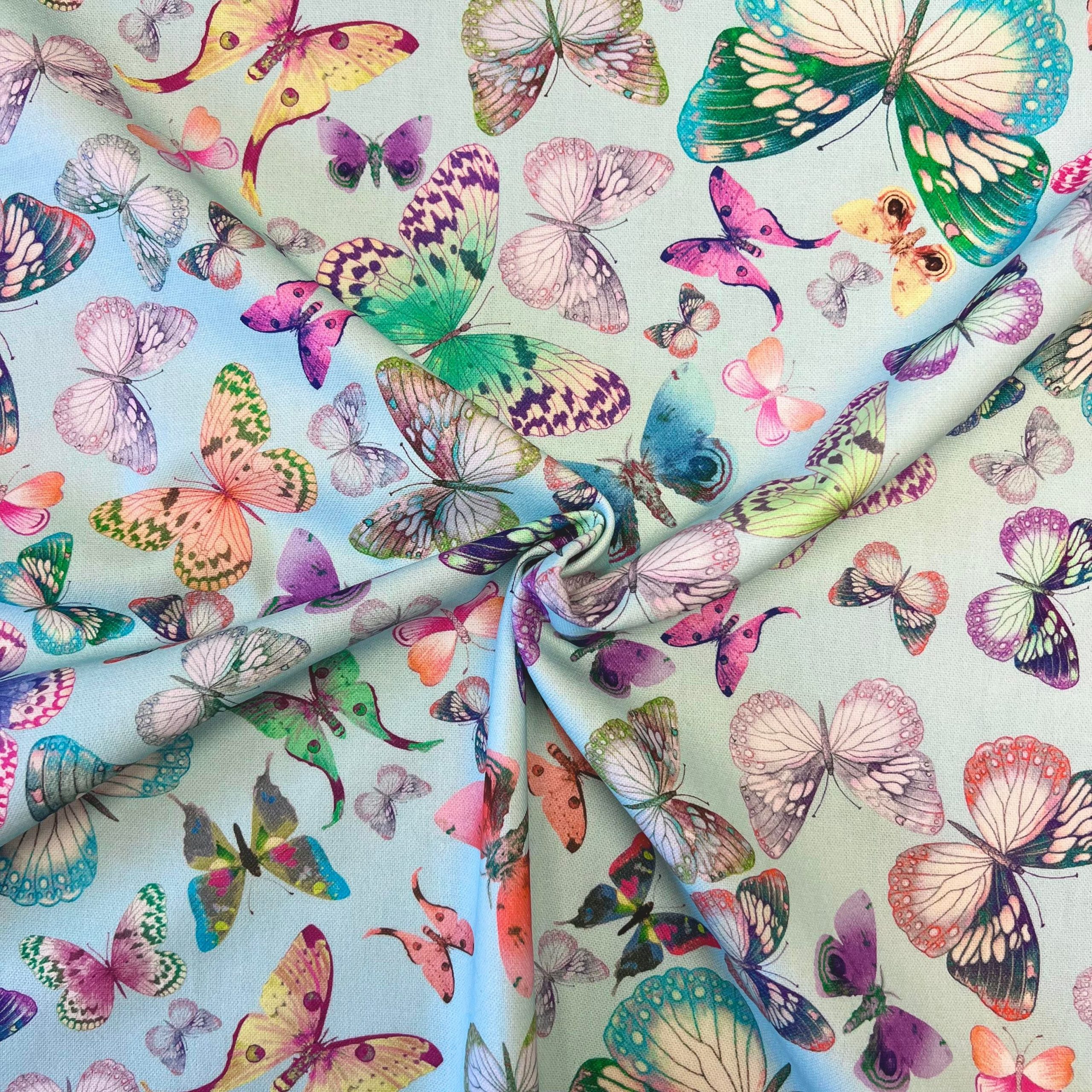 Colourful Butterflies on Blue Cotton Canvas Duck Soft Furnishing Fabric ...