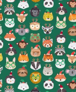 festive animals on green background cotton fabric