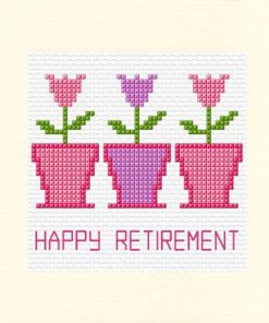 3 pink flowers with green leaves in three pink flower pots with happy retirement underneath