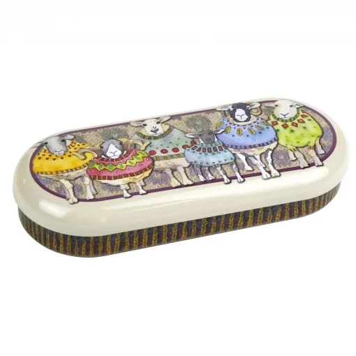 Glasses tin decorated with sheep in sweaters
