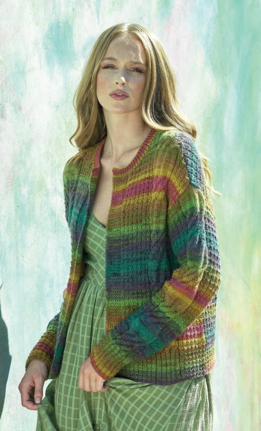 A view of JB816 cardigan using a yarn with shades of green, pink, purple and beige