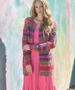 Knitting pattern for a ladies loose fitting long sleeve cardigan in Shhh DK which has lovely colour blending