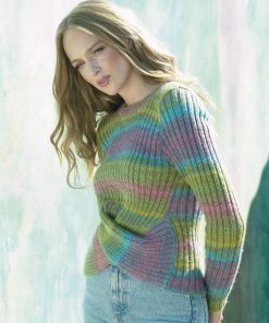 JB819 ladies jumper with interesting cross over front feature completed in self patterning yarn in shades of green and lilac with highlights.