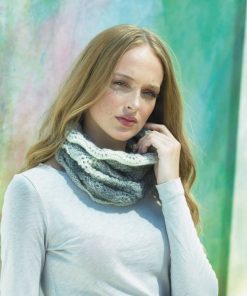 Neck cowl completed in Shhh DK self patterning yarn in shades of grey and white