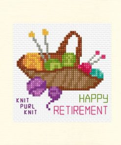 To make square card showing a basket containing coloured yarn and knitting needles with the words happy retirement to be stitched underneath