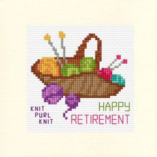 To make square card showing a basket containing coloured yarn and knitting needles with the words happy retirement to be stitched underneath