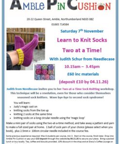Poster for workshop to learn to knit socks two at a time on 07.11.26