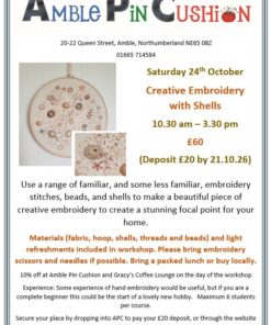 poster with details of workshop and example of embroidery with shells