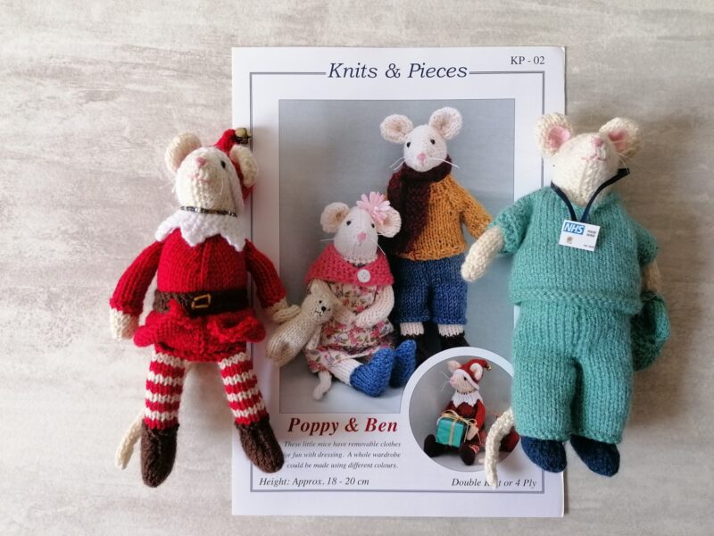 knitting pattern with completed elf and medical mice