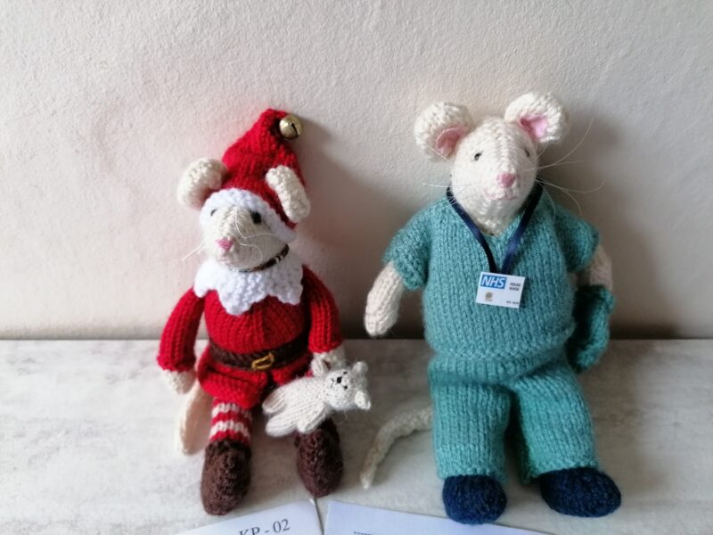 elf and medic completed knitted mice in outfits