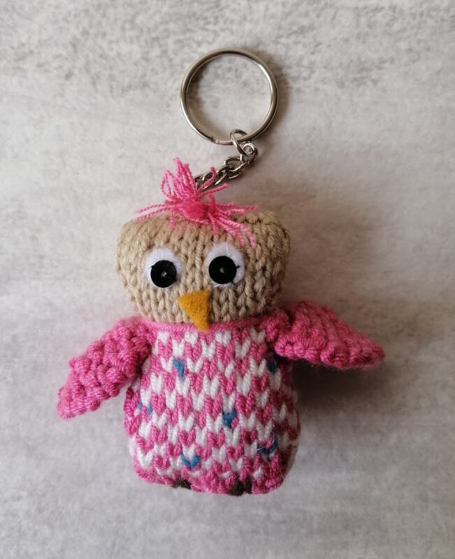 completed pink bird keyring/bag charm