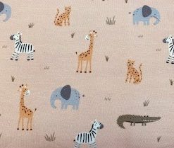 giraffe, leopard. crocodile, elephant, zebra cartoon figures on beige
