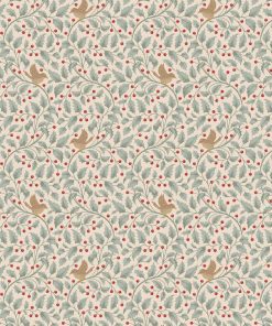 duck egg holly leaves, red berries and little brown birds on cream