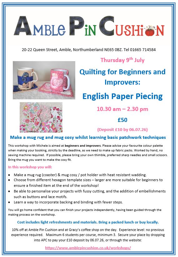 english paper piecing quilting workshop for beginners and improvers poster