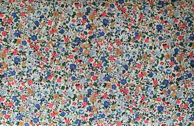 little flowers in blues, pink and beige with fruit and leaves on a cream ground