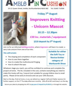 workshop to create a soft knitted unicorn in white with bright multicolour mane