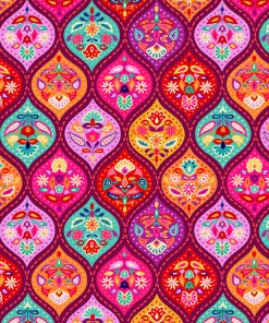 richy coloured jewel drops enclosing indian style flowers in a full cover geometric design