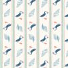 Opposing stripes in blue and coral containing puffins and whelk shells on cream