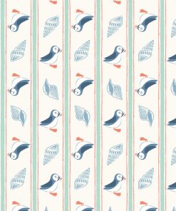 Opposing stripes in blue and coral containing puffins and whelk shells on cream