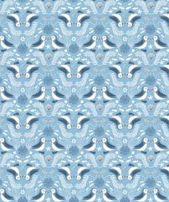 pairs of mirrored puffins surrounded by sea weed and sea creatures in blue and white