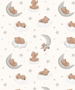 sleeping teddies on moons and clouds drifting away on a cream ground