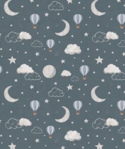 hot air balloons, clouds, moons and stars drift through the night sky