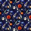 Multi directional rockets, planets and stars on night sky