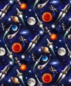 Multi directional rockets, planets and stars on night sky