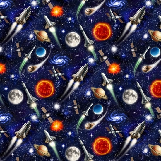 Multi directional rockets, planets and stars on night sky