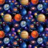 Multiple planets in assorted colours and sizes on a black ground