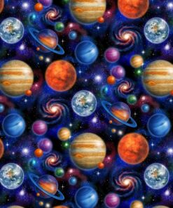 Multiple planets in assorted colours and sizes on a black ground