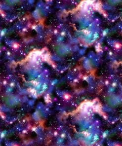 Bright colours of galaxies and milky way from pink through to blue on black ground