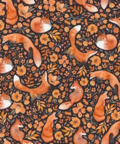 multidirectional orange coloured foxes among same colour flowers on a black ground
