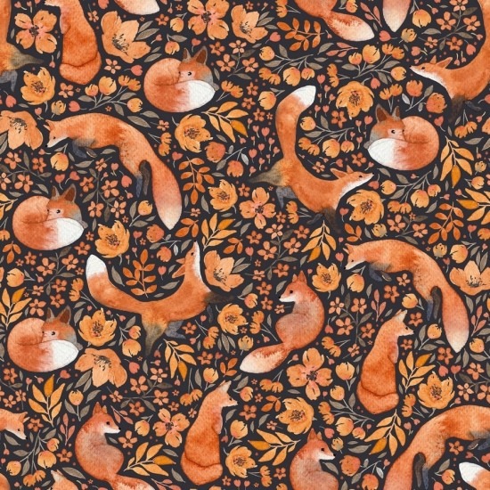 multidirectional orange coloured foxes among same colour flowers on a black ground