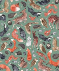 foxes, badgers, owls and deer etc intemingled on a teal ground