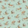 Moving hares in various positions on a bright aqua ground cotton fabric