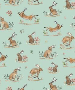 Moving hares in various positions on a bright aqua ground cotton fabric