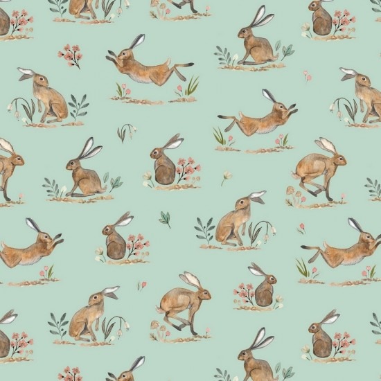 Moving hares in various positions on a bright aqua ground cotton fabric