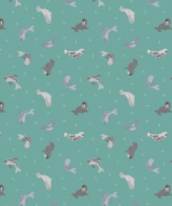 sample of fabric showing multi directional seal type animals on turquoise ground