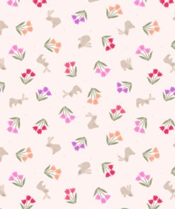 sample of multi directional fabric with cartoon bunnies and small clumps of tulips