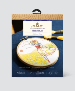 Package for DMC kit to embroider a figure amongst yellow tulips