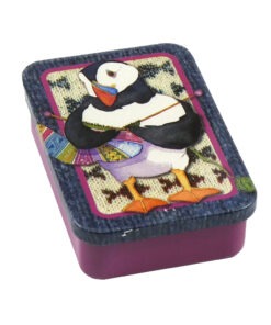little tin with a puffin doing knitting !